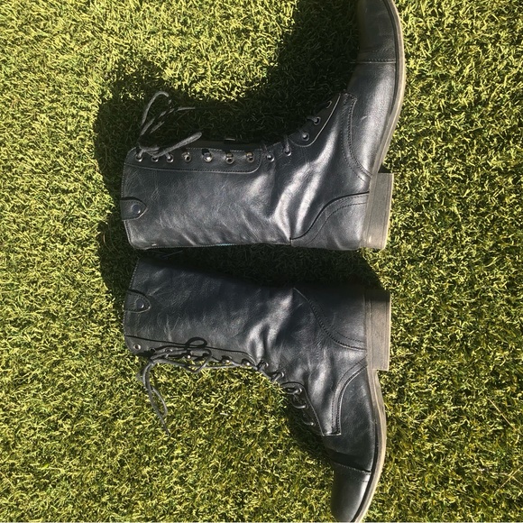 Black Faux Leather Lace-up Combat Moto Boots, w/cool turquoise lined Back Zipper - Picture 9 of 16